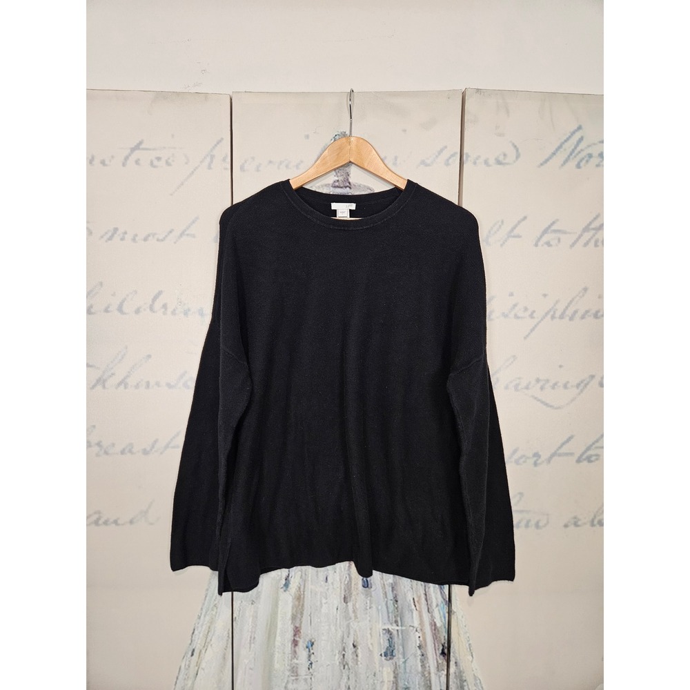 J. Jill Sweater Large Black Cotton Textured Knit Drop Shoulder Minimalist Casual